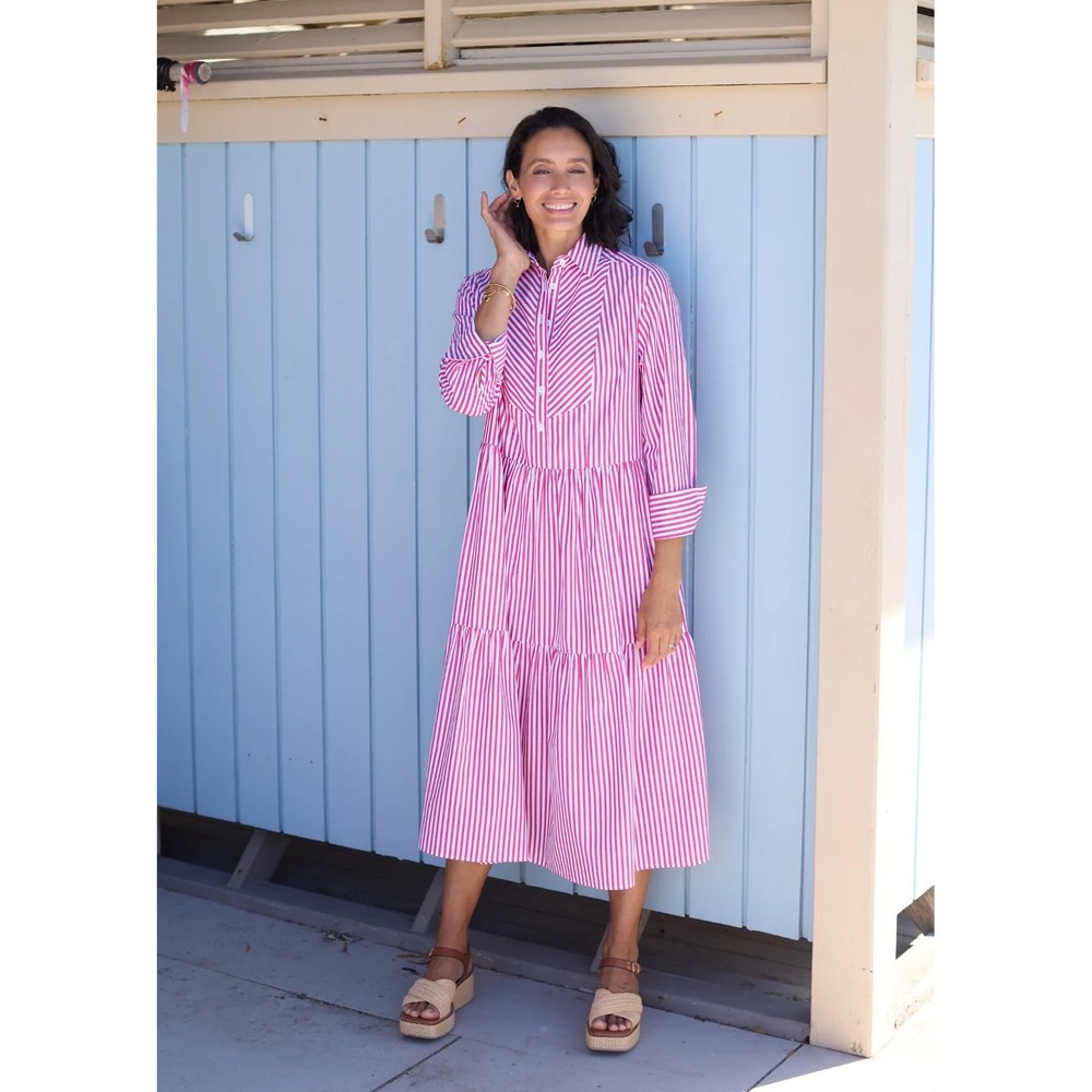 MAYE Jasmine Cotton Stripe Midi Shirtdress Womens 2X Berry White Tiered Bib